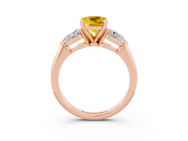 Rose gold Three-Stone Cushion Cut Yellow Sapphire Ring with Pear Side Stones and Four-Prong Setting