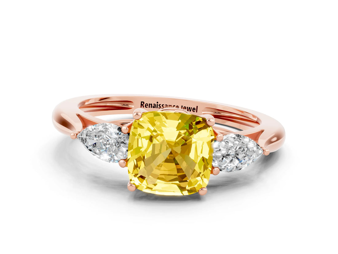 Rose gold Three-Stone Cushion Cut Yellow Sapphire Ring with Pear  Side Stones in Four-Prong Setting_12