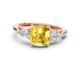 Rose gold Three-Stone Cushion Cut Yellow Sapphire Ring with Pear  Side Stones in Four-Prong Setting_12