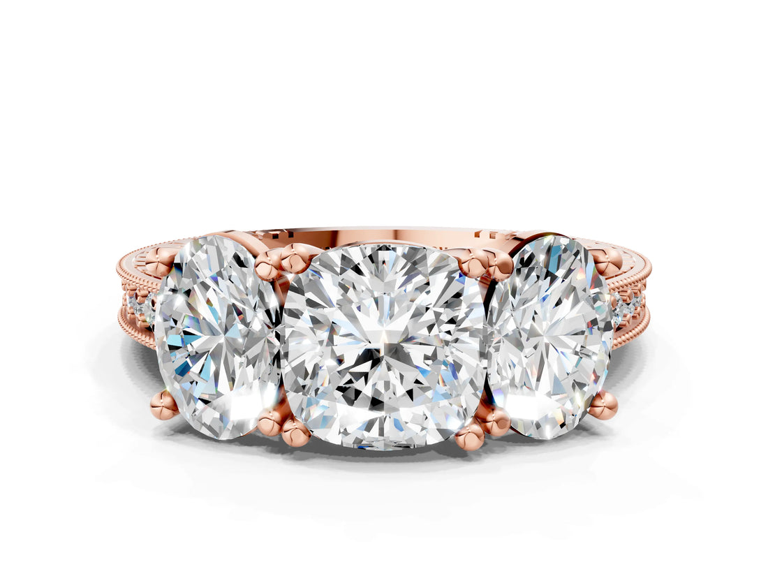 Rose gold Three-Stone Cushion Diamond Milgrain Pave Band with Prong Setting