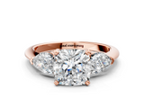 Rose gold Three-Stone Cushion Diamond Ring with Pear Side Stones in Four-Prong Setting_49