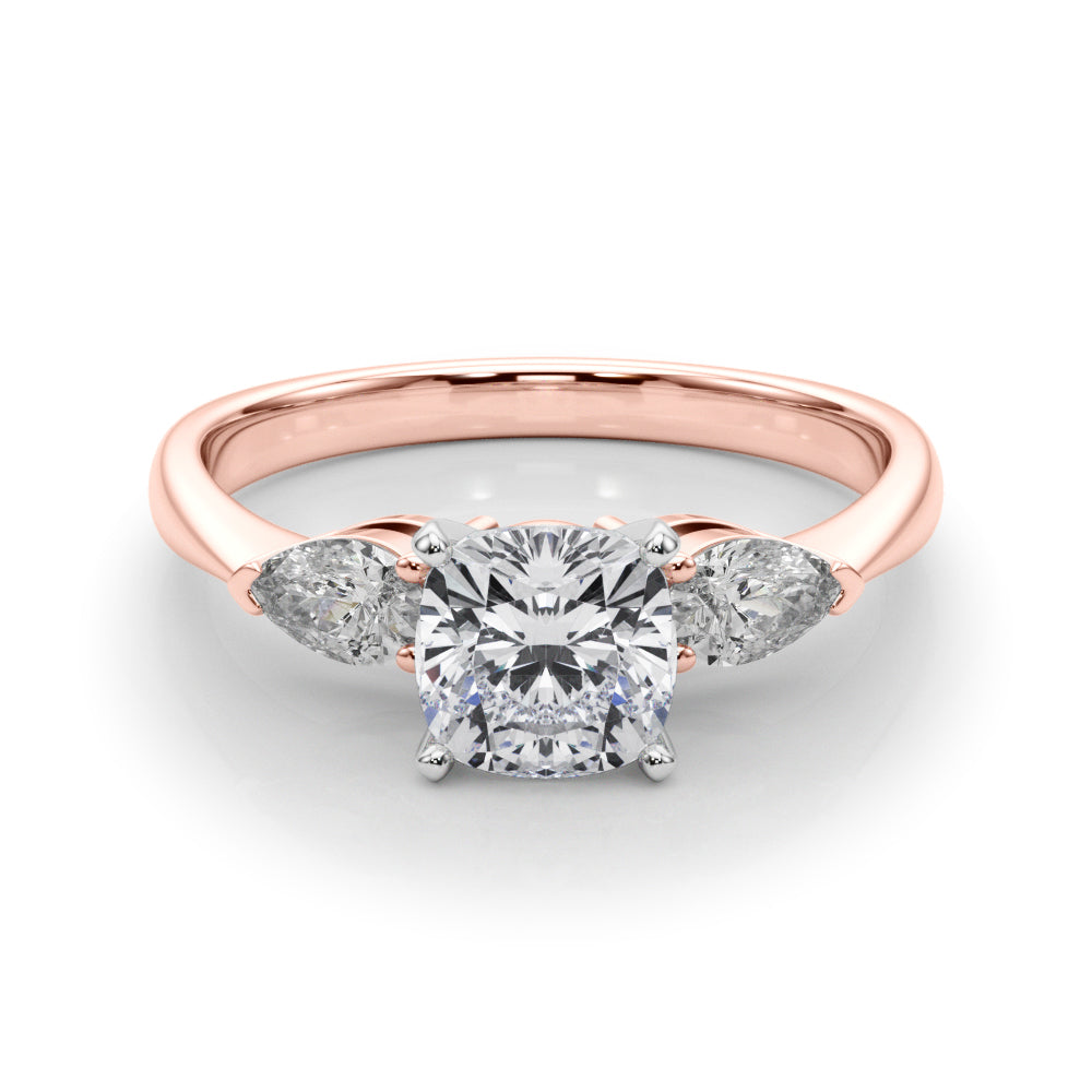 Rose gold Three-Stone Cushion Diamond Ring with Pear Side Stones on a Platinum Band with Four-Prong Setting 1