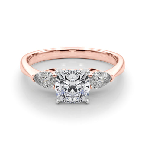 Rose gold Three-Stone Cushion Diamond Ring with Pear Side Stones on a Platinum Band with Four-Prong Setting 1