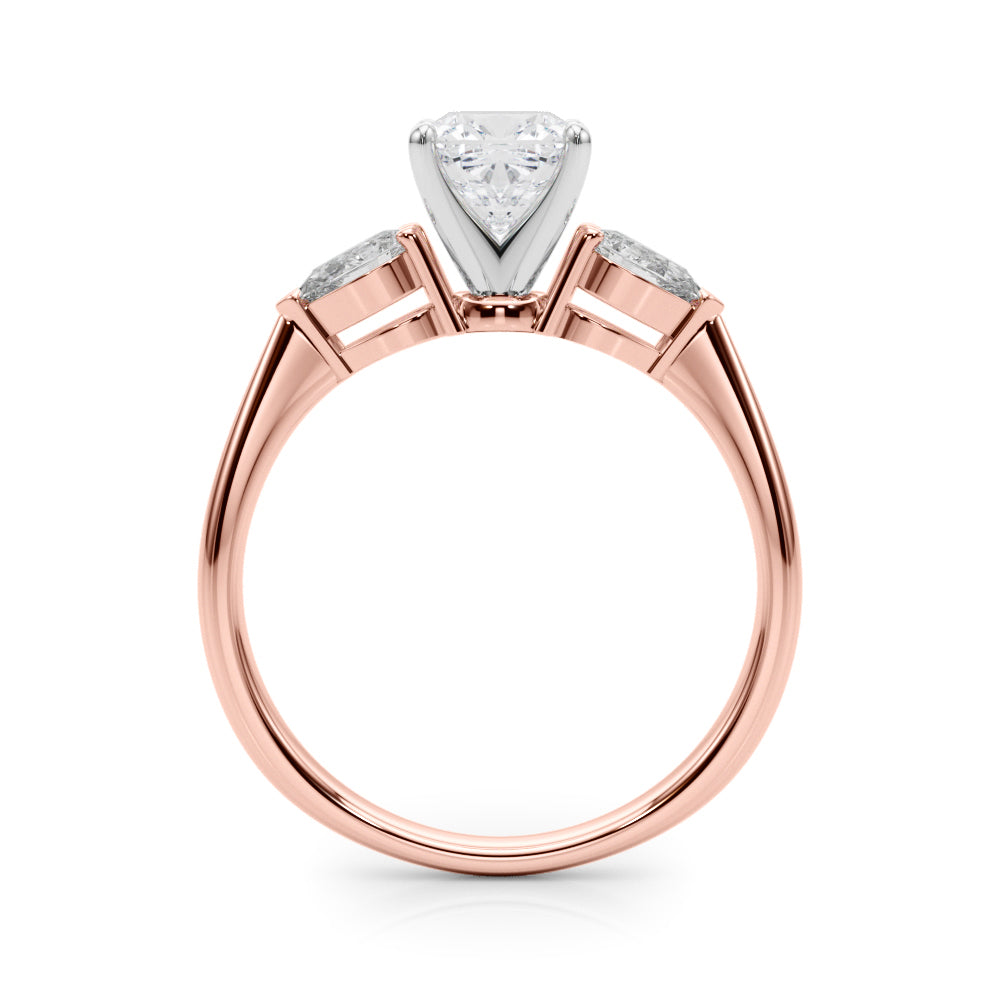 Rose gold Three-Stone Cushion Diamond Ring with Pear Side Stones on a Platinum Band with Four-Prong Setting 2