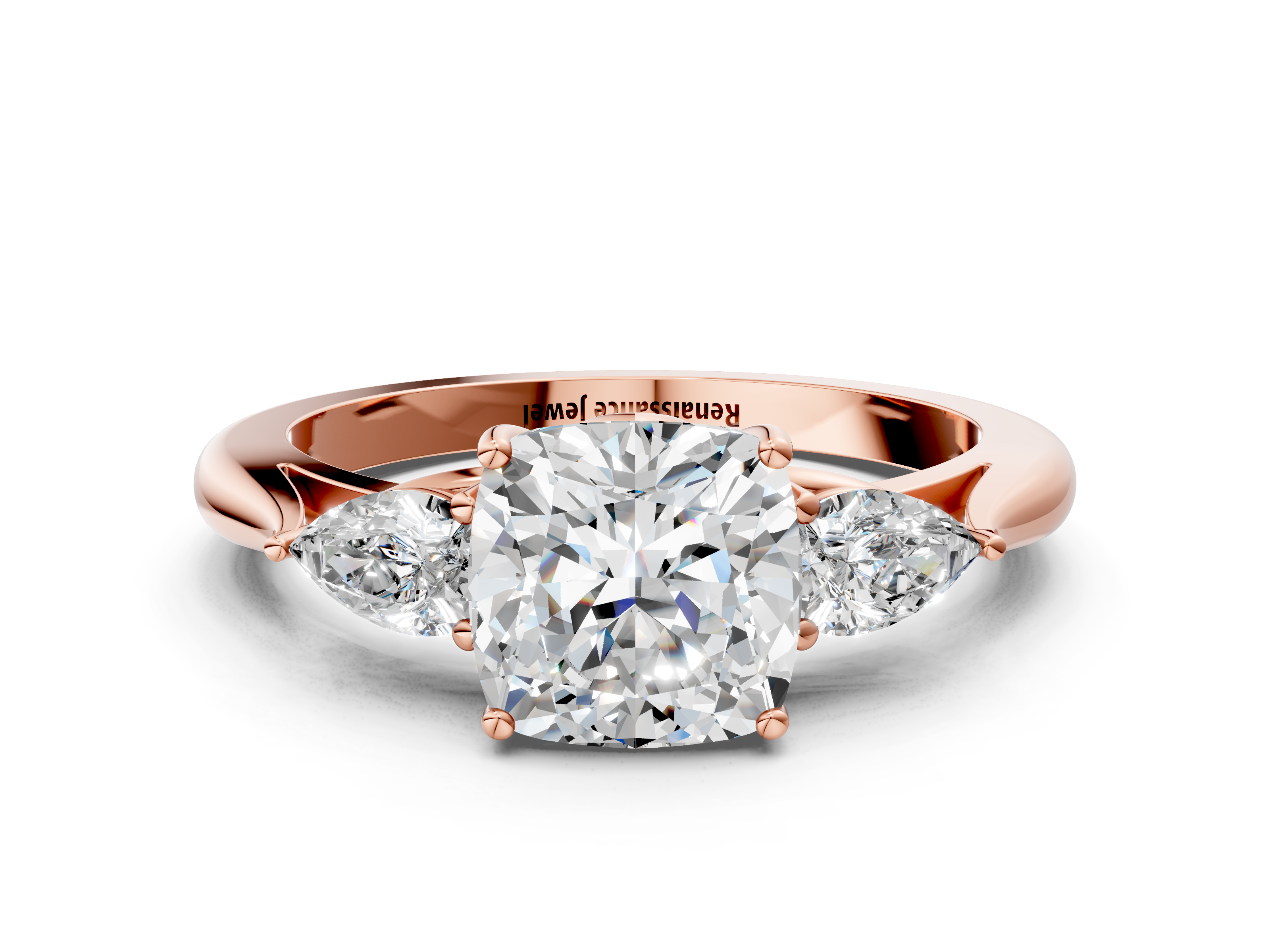 Rose gold Three-Stone Cushion Diamond Solitaire Ring with Pear Side Stones and Four-Prong Setting_55