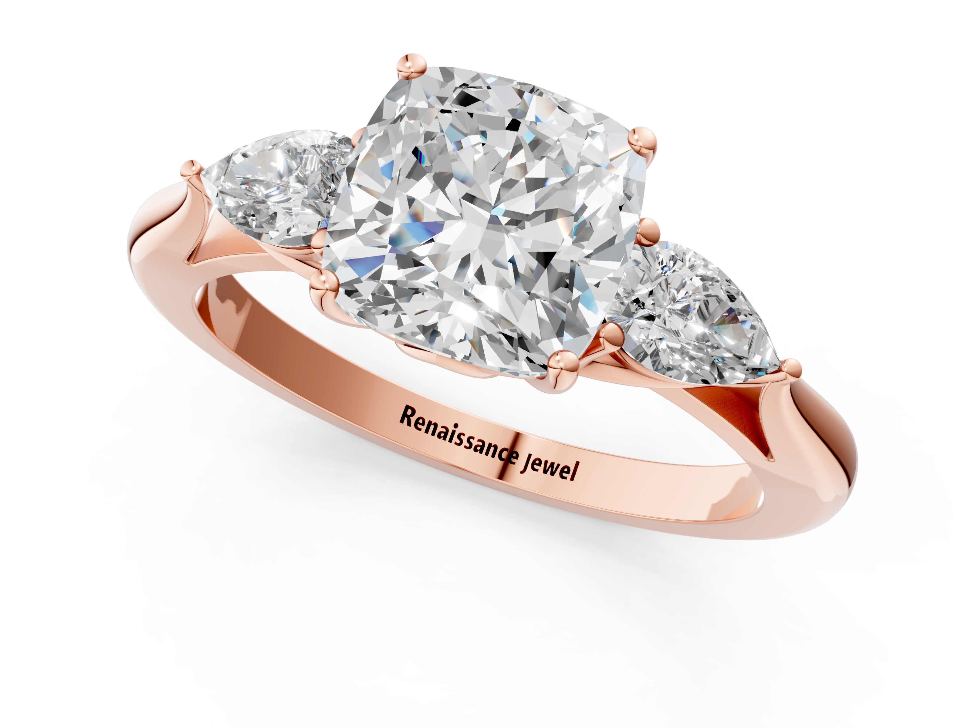 Rose gold Three-Stone Cushion Diamond Solitaire Ring with Pear Side Stones and Four-Prong Setting_56