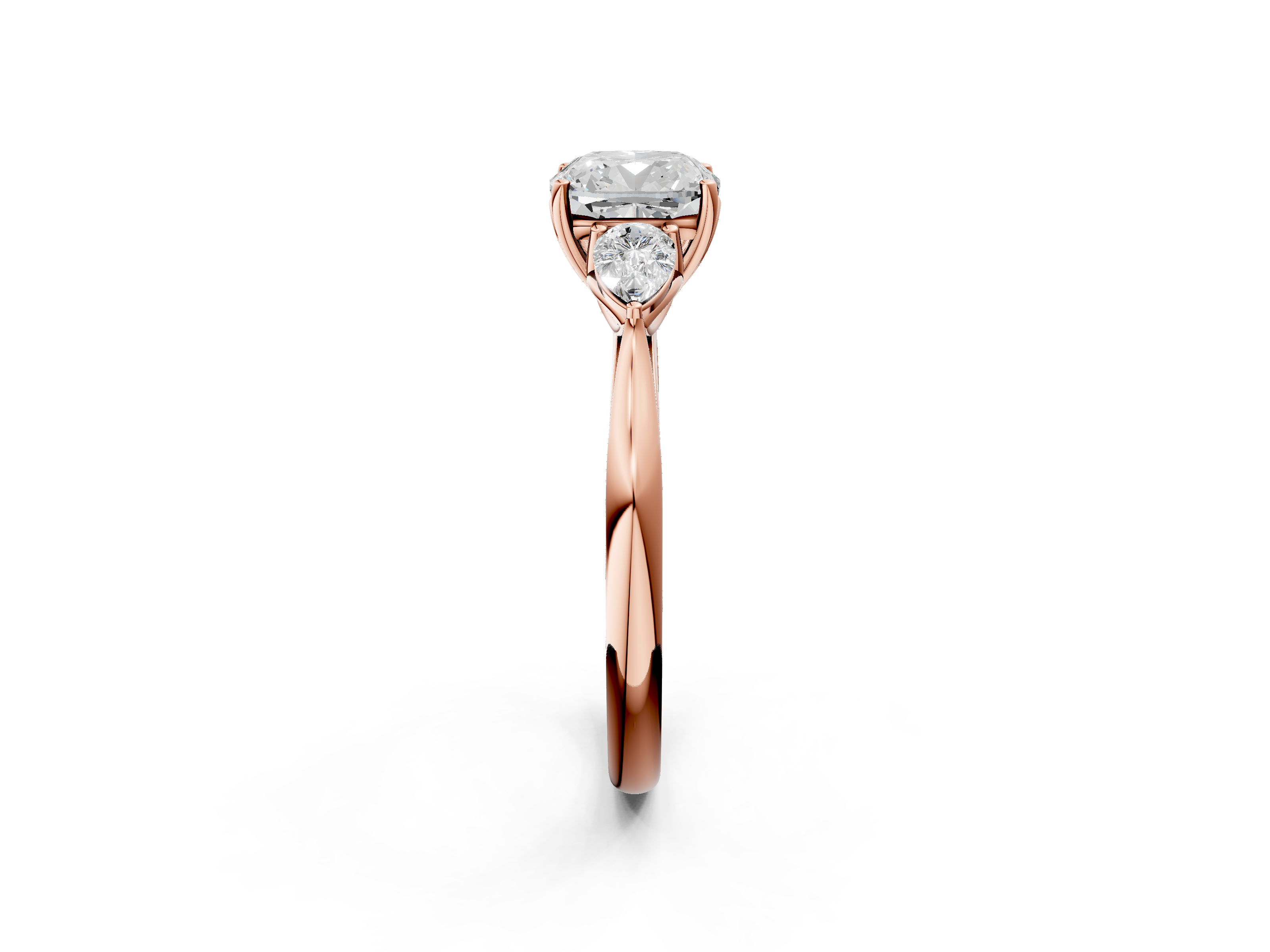 Rose gold Three-Stone Cushion Diamond Solitaire Ring with Pear Side Stones and Four-Prong Setting_57