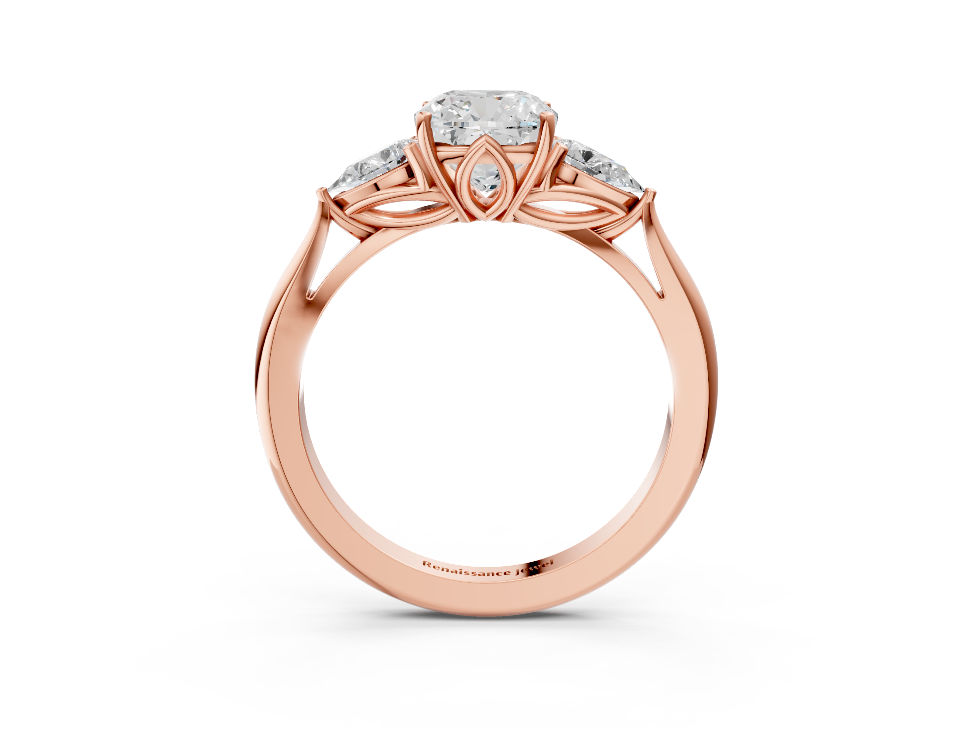 Rose gold Three-Stone Cushion Diamond Solitaire Ring with Pear Side Stones and Four-Prong Setting_58