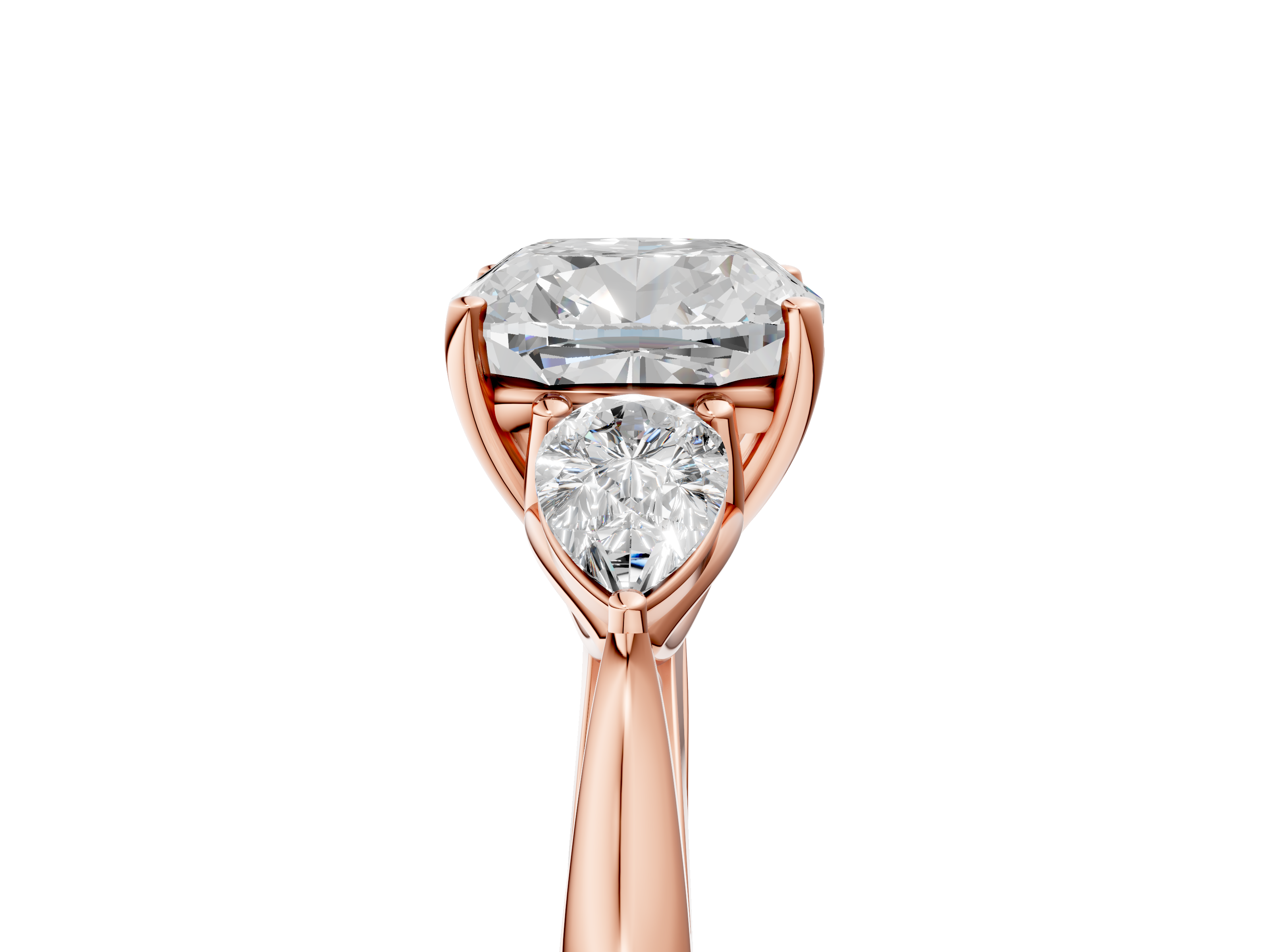 Rose gold Three-Stone Cushion Diamond Solitaire Ring with Pear Side Stones and Four-Prong Setting_60