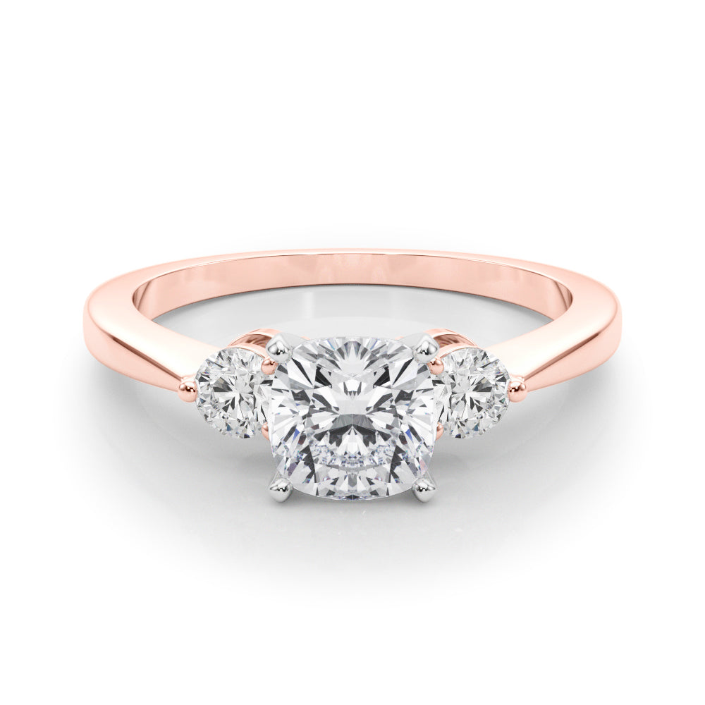 Rose gold Three-Stone Cushion Solitaire Ring with Tapered Band and Four-Prong Setting 1