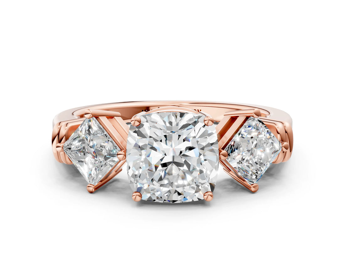 Rose gold Three-Stone Cushion and Princess Cut Diamond Ring with Channel Band and Four-Prong Setting_16