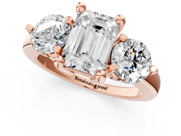 Rose gold Three-Stone Emerald Brilliant Cut Solitaire Ring with Prong Setting on a Classic Band