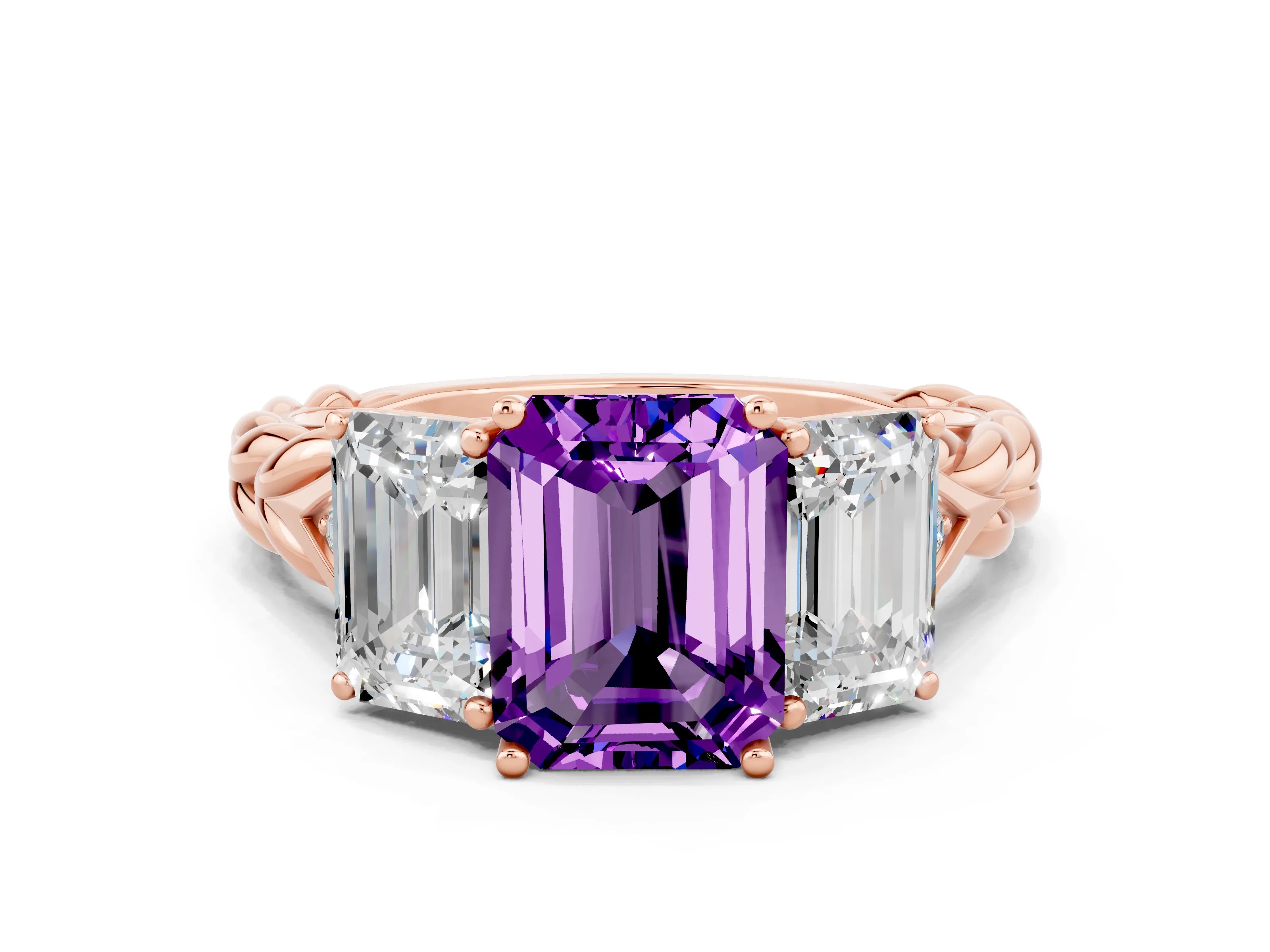 Rose gold Three-Stone Emerald Cut Amethyst Braided Band Ring with Four-Prong Setting_48
