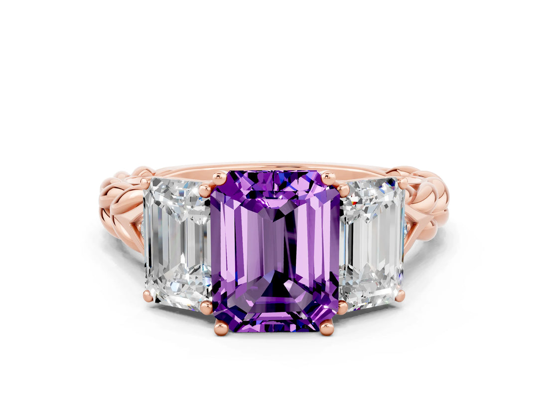Rose gold Three-Stone Emerald Cut Amethyst Braided Band Ring with Four-Prong Setting_48
