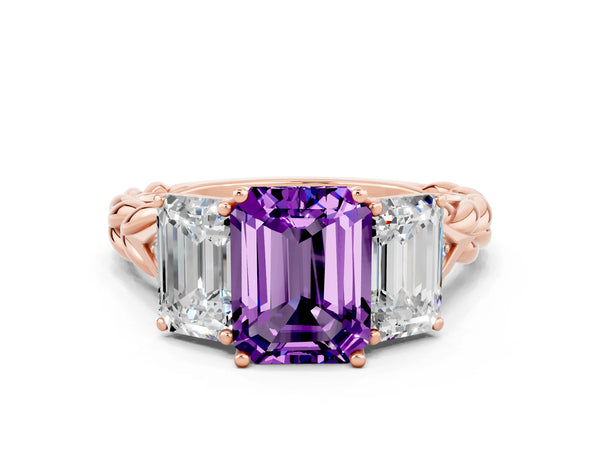 Rose gold Three-Stone Emerald Cut Amethyst Braided Band Ring with Four-Prong Setting