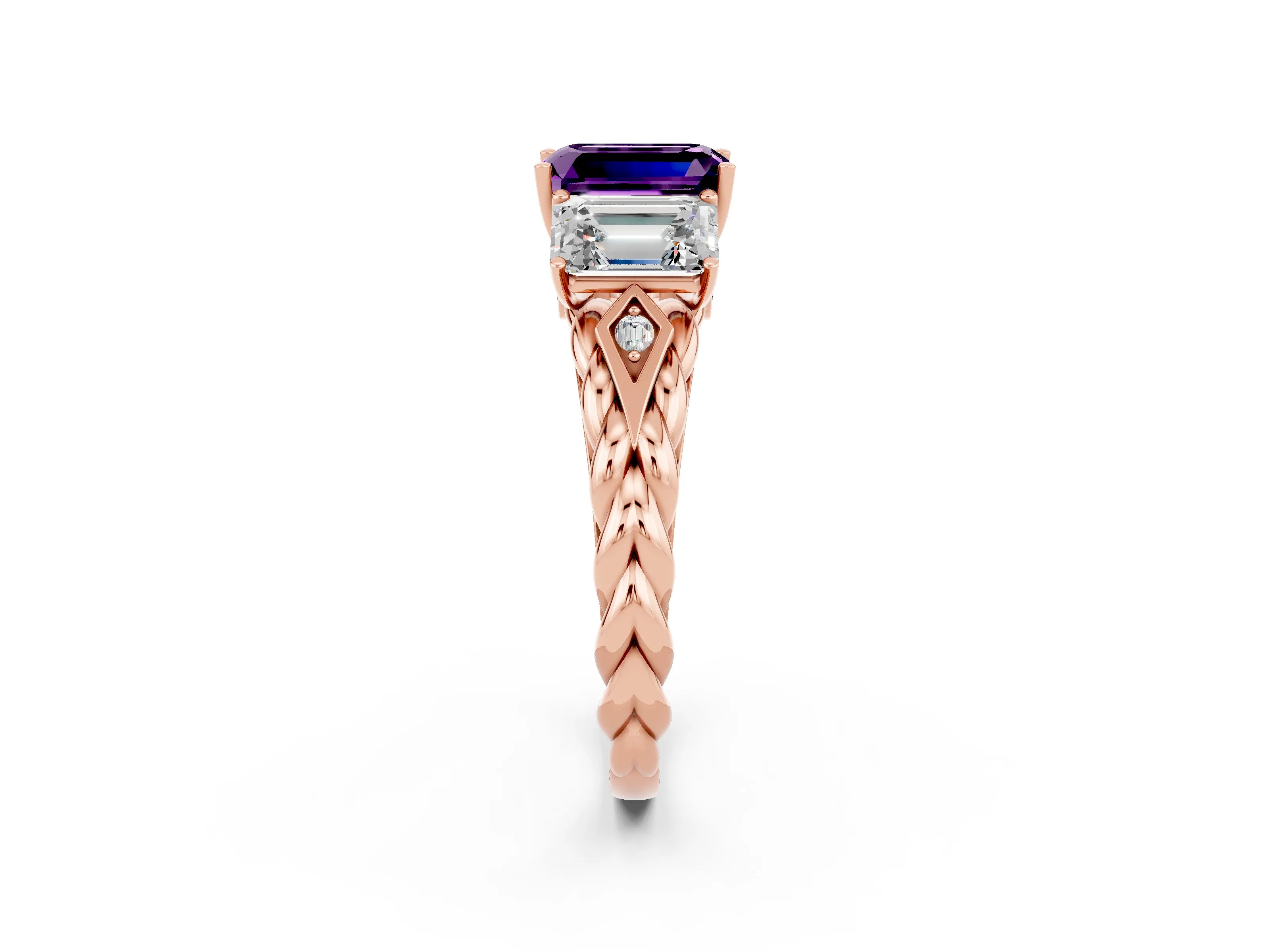 Rose gold Three-Stone Emerald Cut Amethyst Braided Band Ring with Four-Prong Setting_50