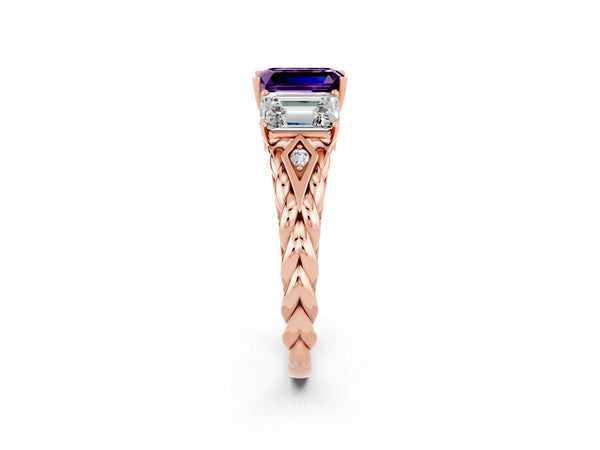 Rose gold Three-Stone Emerald Cut Amethyst Braided Band Ring with Four-Prong Setting