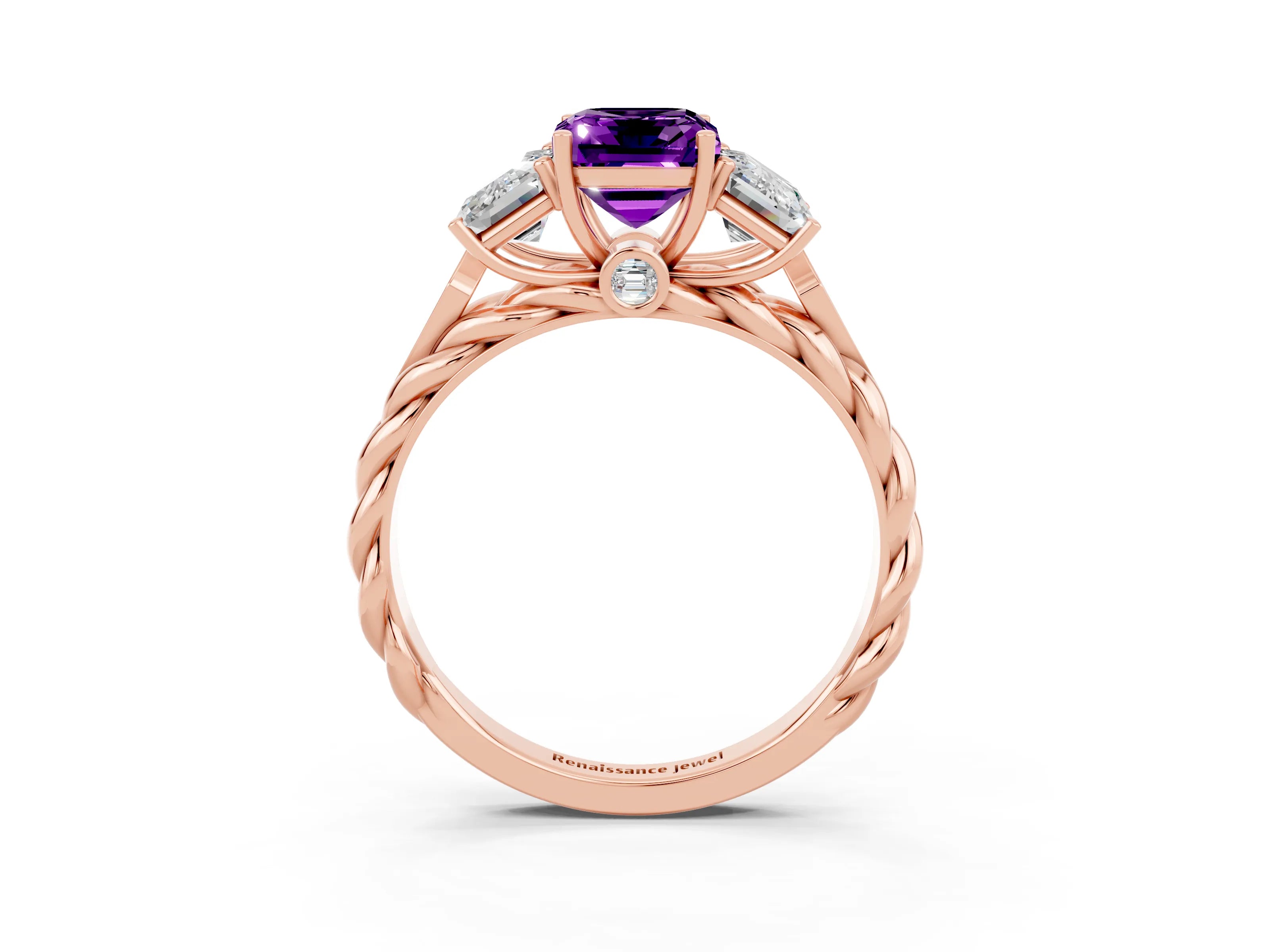 Rose gold Three-Stone Emerald Cut Amethyst Braided Band Ring with Four-Prong Setting_51