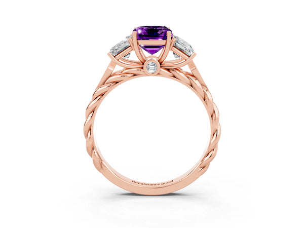 Rose gold Three-Stone Emerald Cut Amethyst Braided Band Ring with Four-Prong Setting