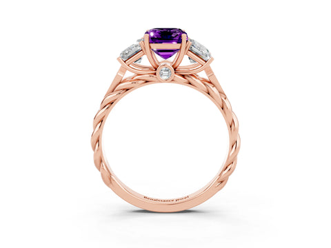 Rose gold Three-Stone Emerald Cut Amethyst Braided Band Ring with Four-Prong Setting_51