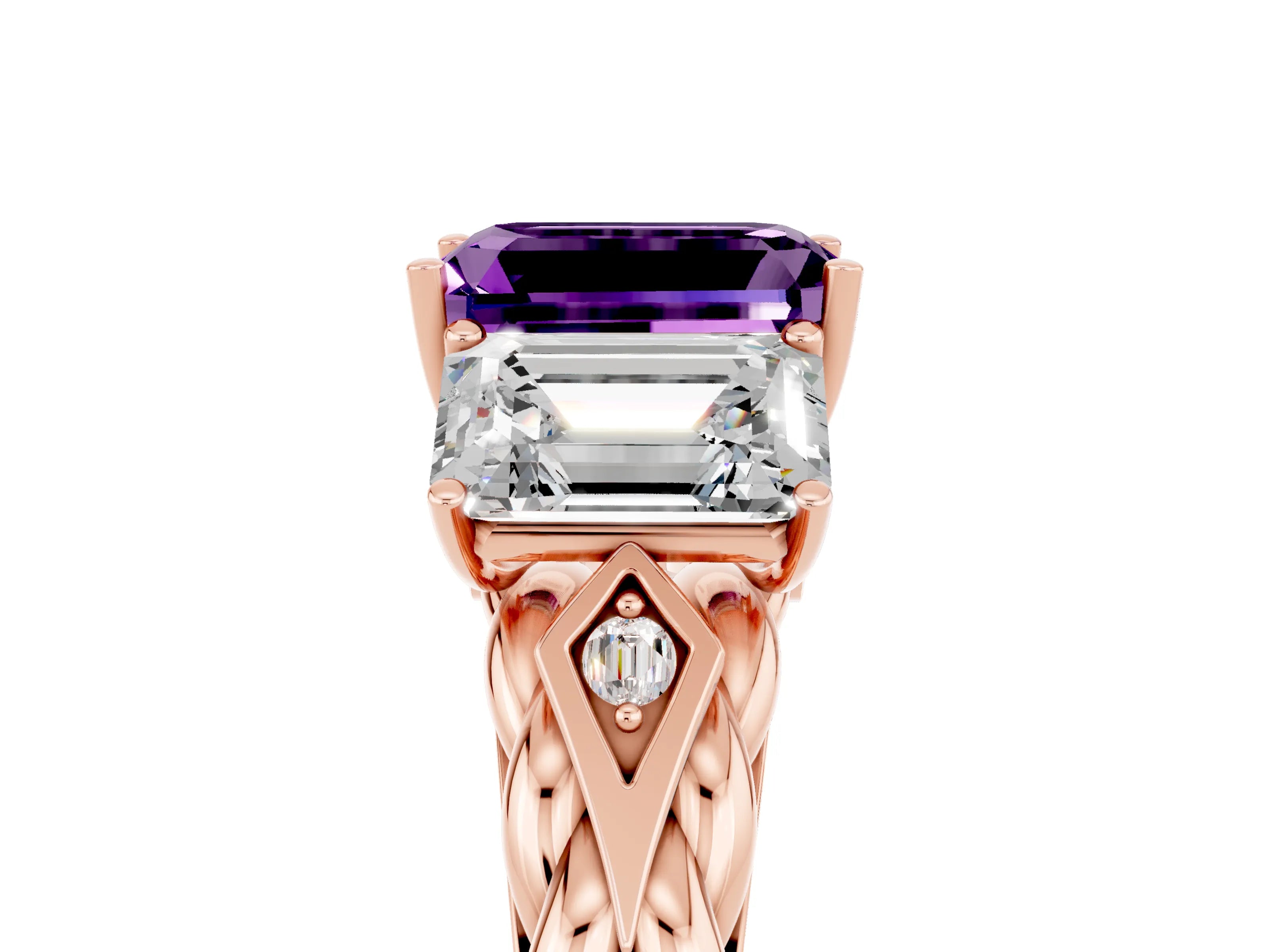 Rose gold Three-Stone Emerald Cut Amethyst Braided Band Ring with Four-Prong Setting_53