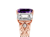 Rose gold Three-Stone Emerald Cut Amethyst Braided Band Ring with Four-Prong Setting_53