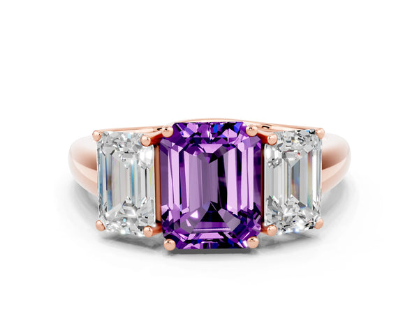 Rose gold Three-Stone Emerald Cut Amethyst Engagement Ring with Prong Setting