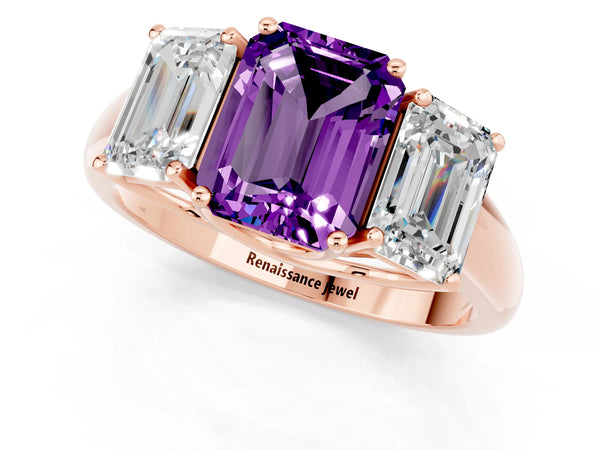 Rose gold Three-Stone Emerald Cut Amethyst Engagement Ring with Prong Setting