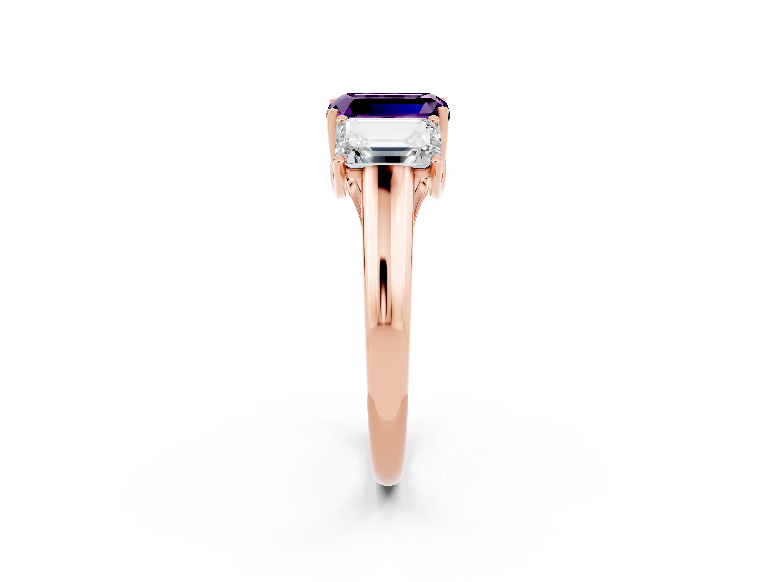 Rose gold Three-Stone Emerald Cut Amethyst Engagement Ring with Prong Setting_2