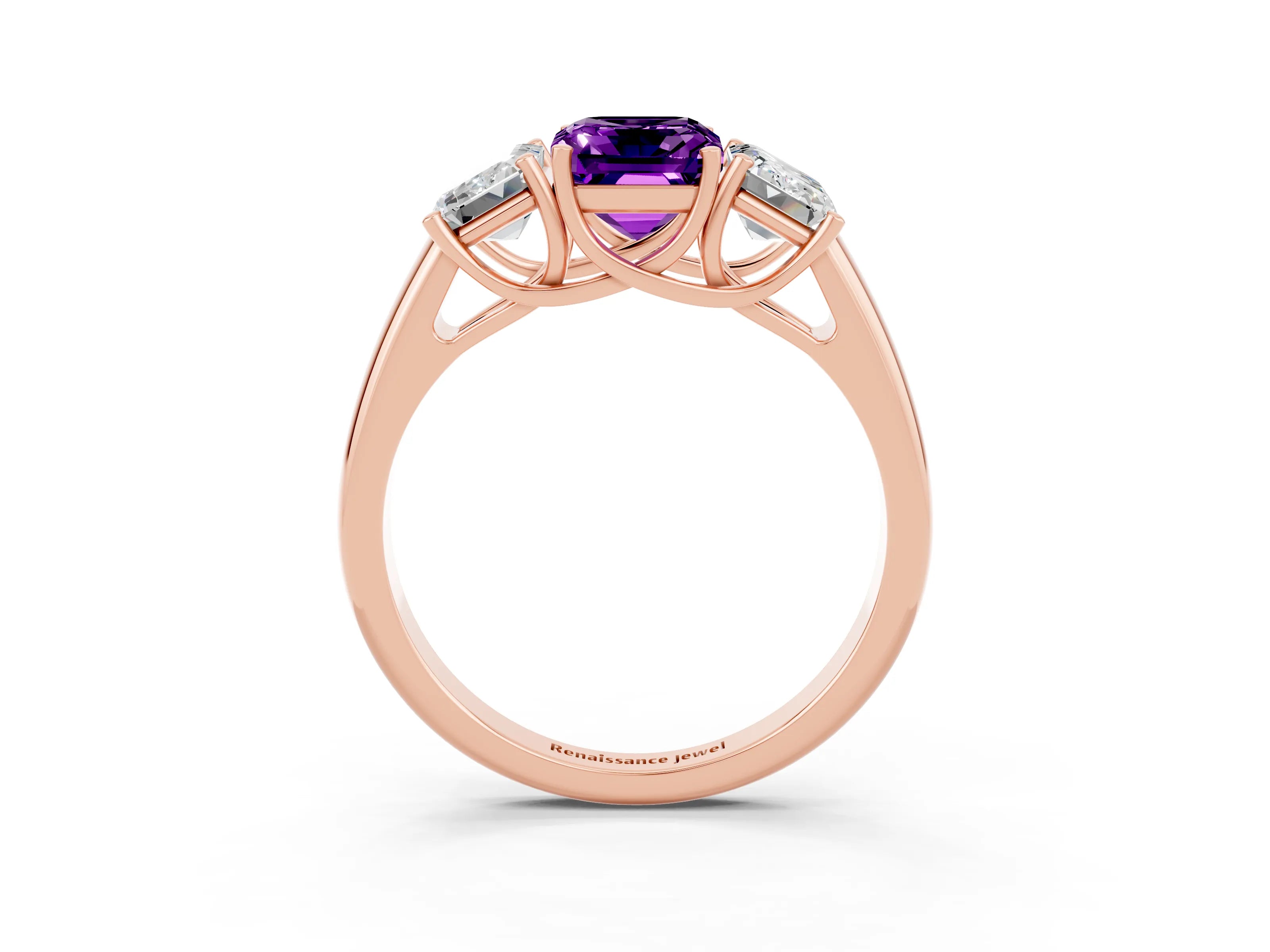 Rose gold Three-Stone Emerald Cut Amethyst Engagement Ring with Prong Setting_3