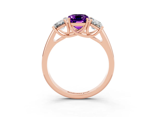 Rose gold Three-Stone Emerald Cut Amethyst Engagement Ring with Prong Setting