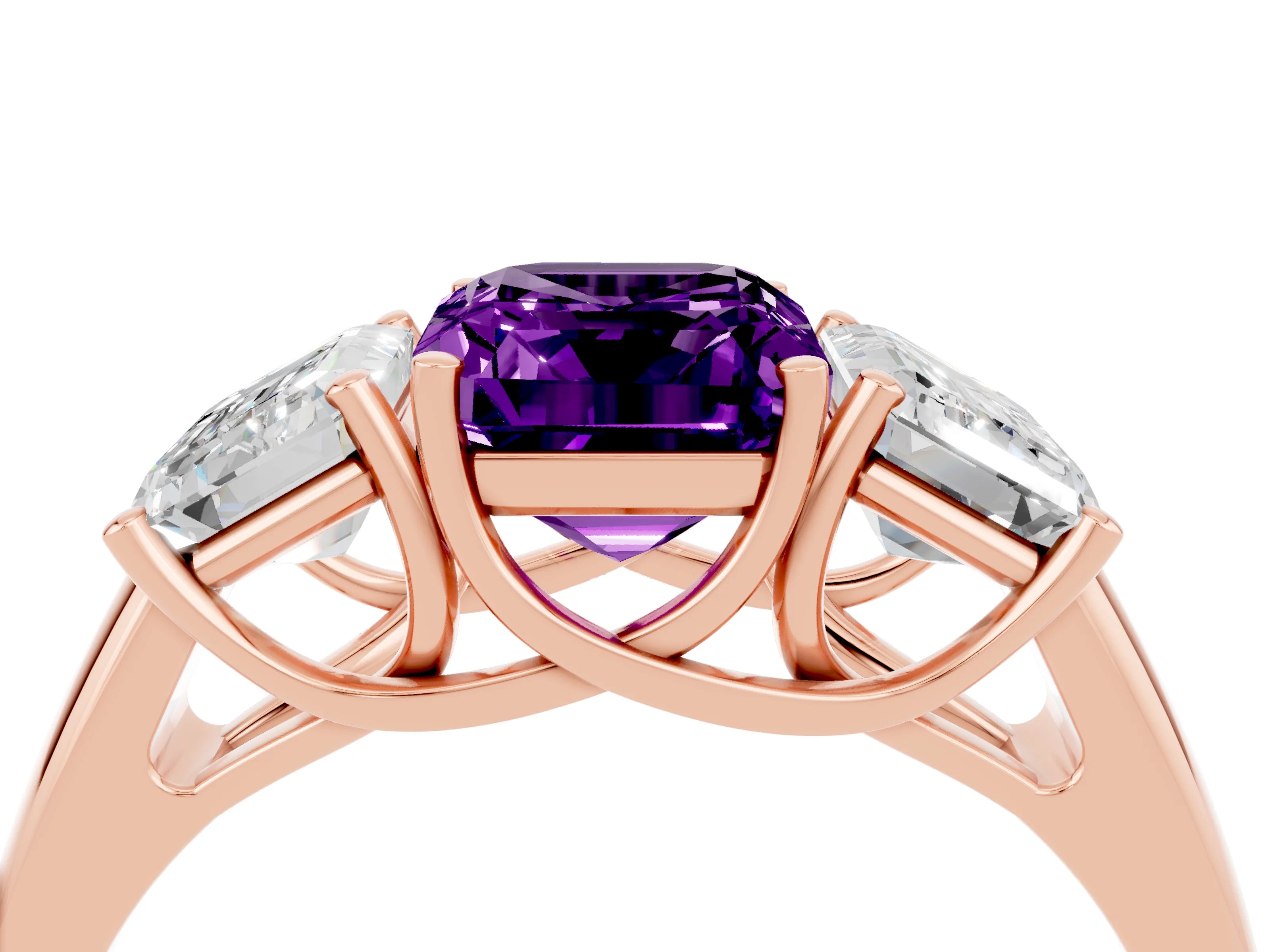Rose gold Three-Stone Emerald Cut Amethyst Engagement Ring with Prong Setting_4