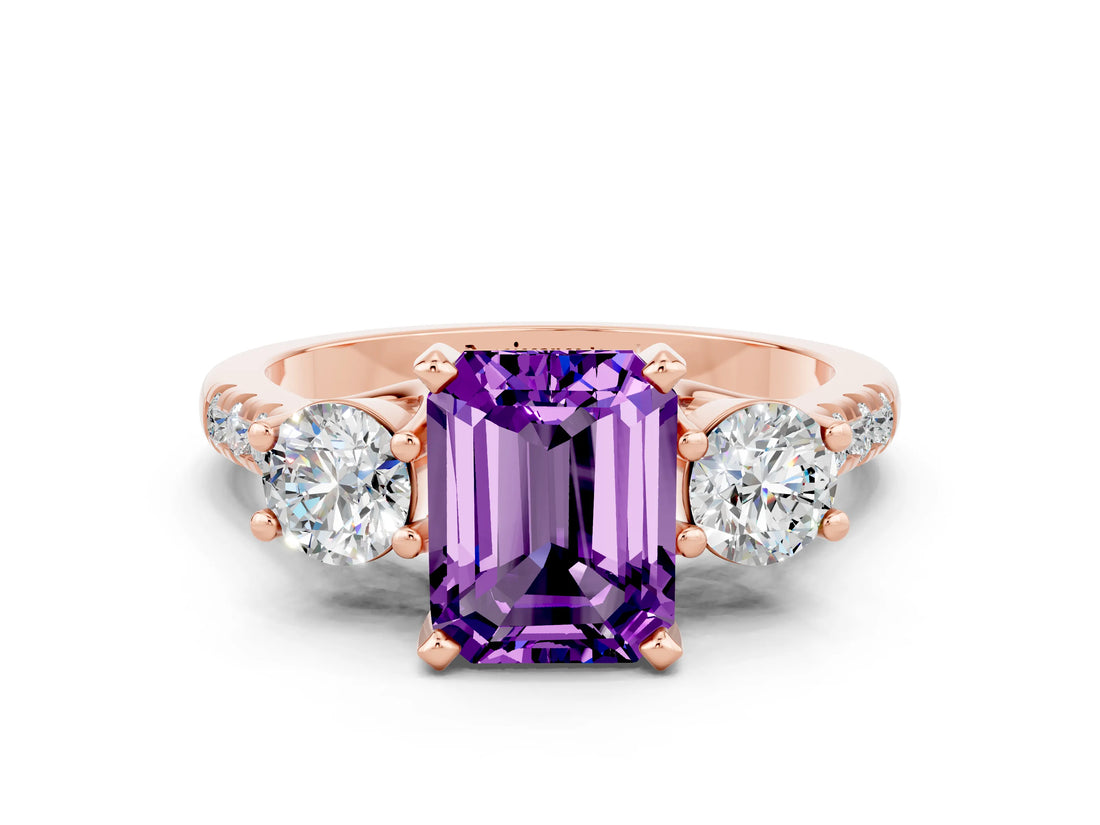 Rose gold Three-Stone Emerald Cut Amethyst Pavé Band with Four-Prong Setting