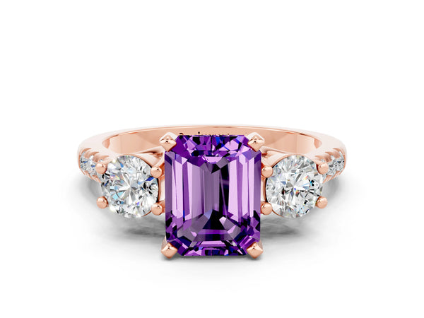 Rose gold Three-Stone Emerald Cut Amethyst Pavé Band with Four-Prong Setting
