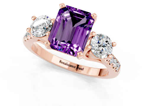 Rose gold Three-Stone Emerald Cut Amethyst Pavé Band with Four-Prong Setting_1