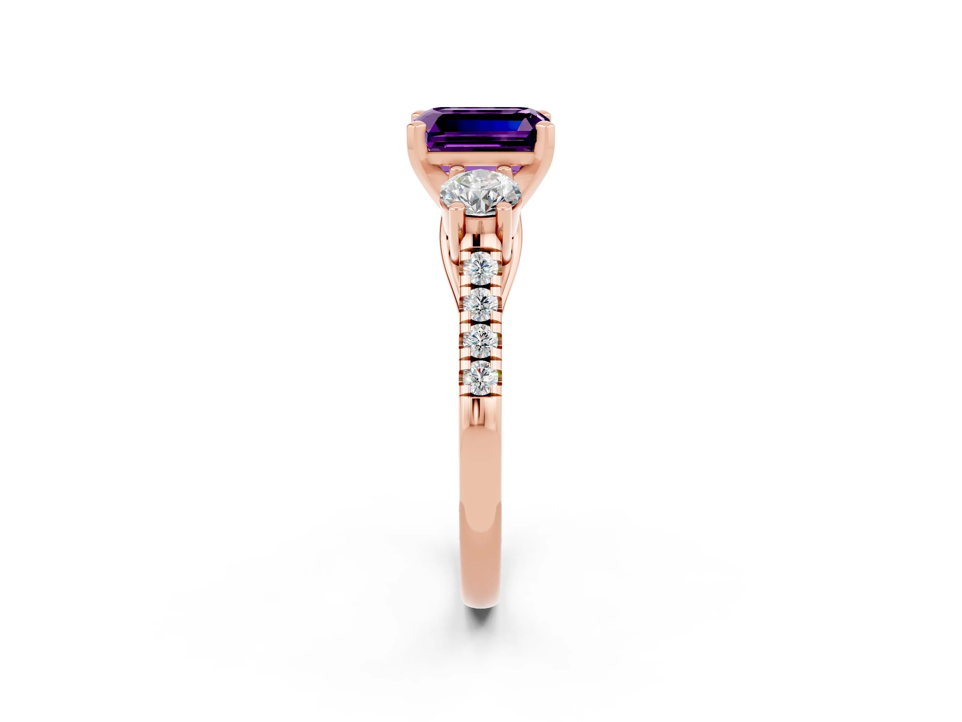 Rose gold Three-Stone Emerald Cut Amethyst Pavé Band with Four-Prong Setting_2
