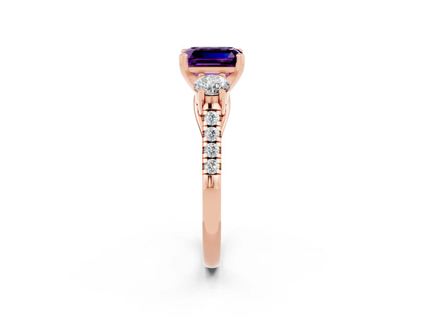Rose gold Three-Stone Emerald Cut Amethyst Pavé Band with Four-Prong Setting