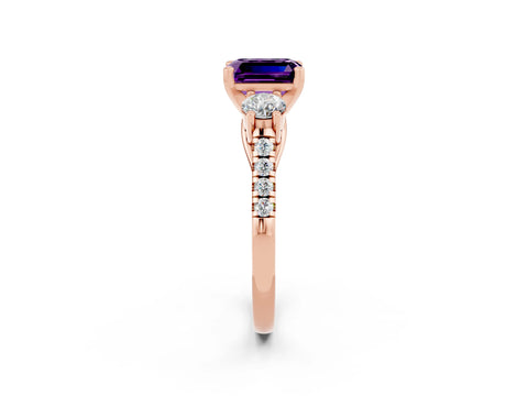 Rose gold Three-Stone Emerald Cut Amethyst Pavé Band with Four-Prong Setting_2