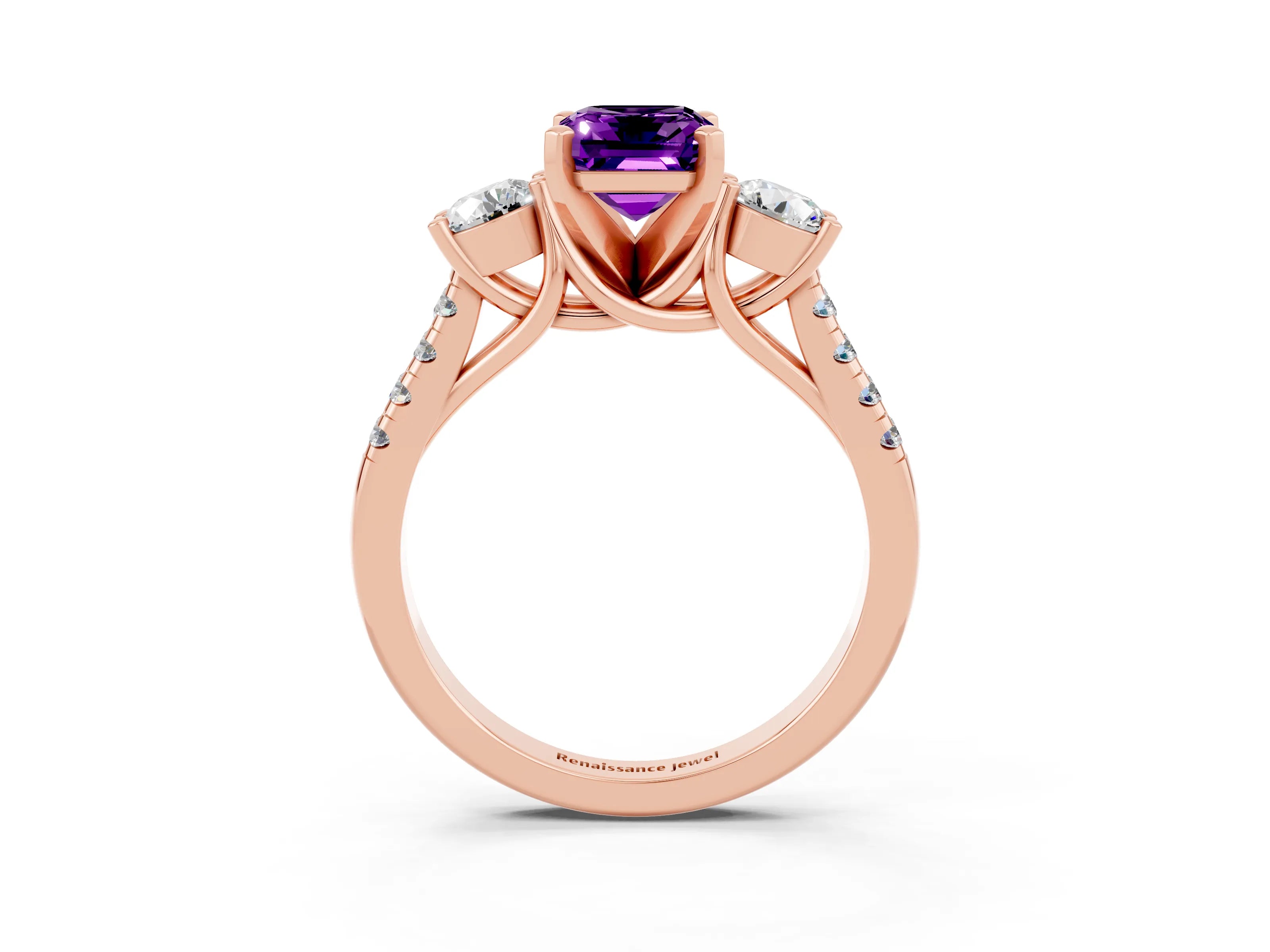 Rose gold Three-Stone Emerald Cut Amethyst Pavé Band with Four-Prong Setting_3