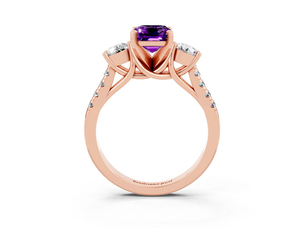 Rose gold Three-Stone Emerald Cut Amethyst Pavé Band with Four-Prong Setting
