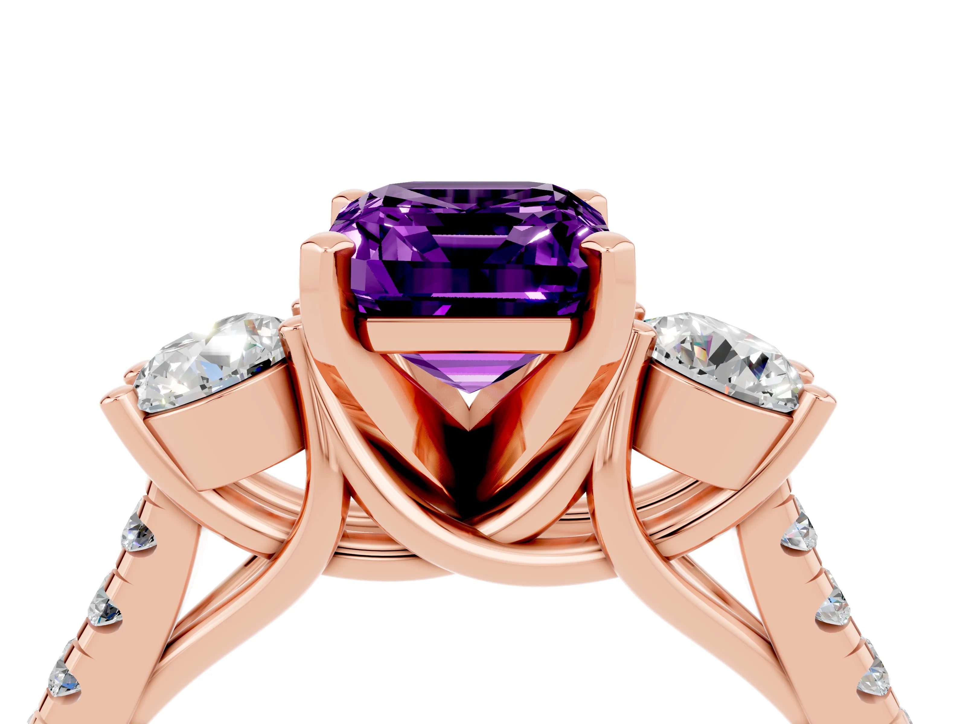 Rose gold Three-Stone Emerald Cut Amethyst Pavé Band with Four-Prong Setting_4