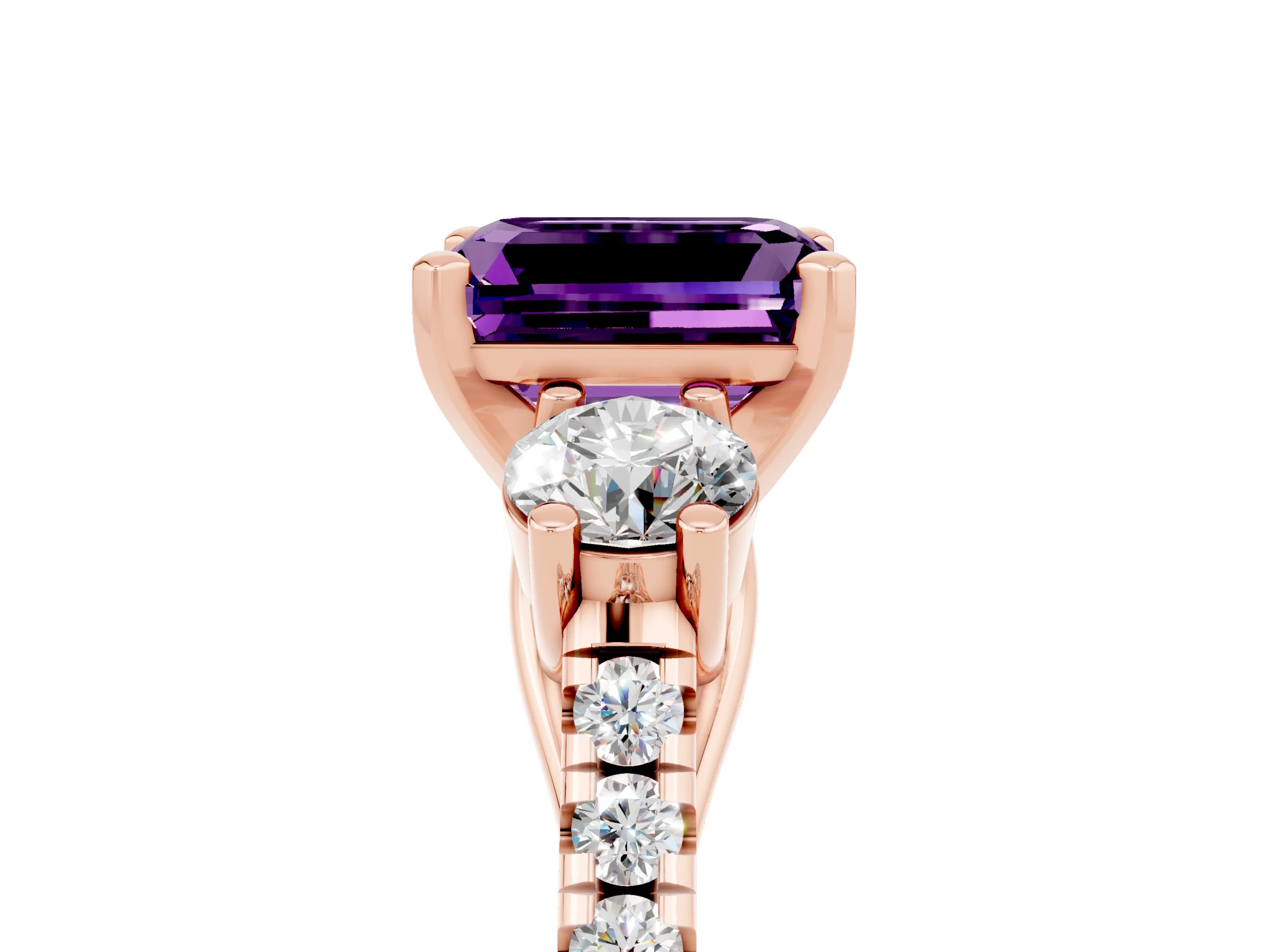 Rose gold Three-Stone Emerald Cut Amethyst Pavé Band with Four-Prong Setting_5