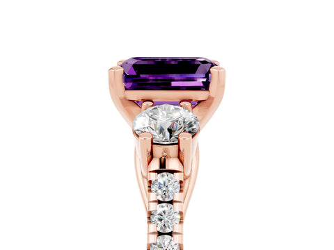 Rose gold Three-Stone Emerald Cut Amethyst Pavé Band with Four-Prong Setting_5