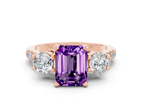 Rose gold Three-Stone Emerald Cut Amethyst Pavé Band with Four-Prong Setting
