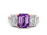 Rose gold Three-Stone Emerald Cut Amethyst Ring with Pavé Band and Prong Setting_12