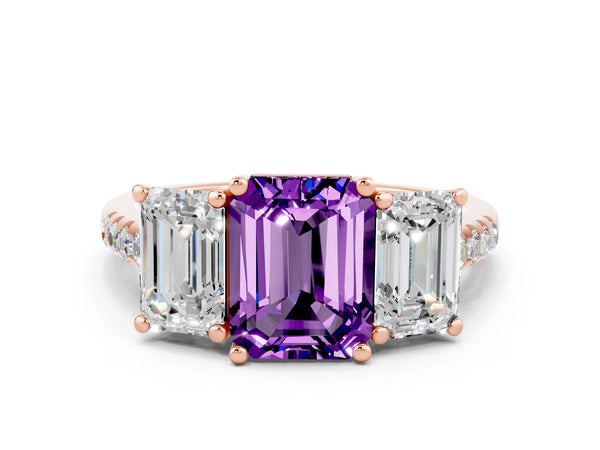 Rose gold Three-Stone Emerald Cut Amethyst Ring with Round  Pavé Band and Prong Setting