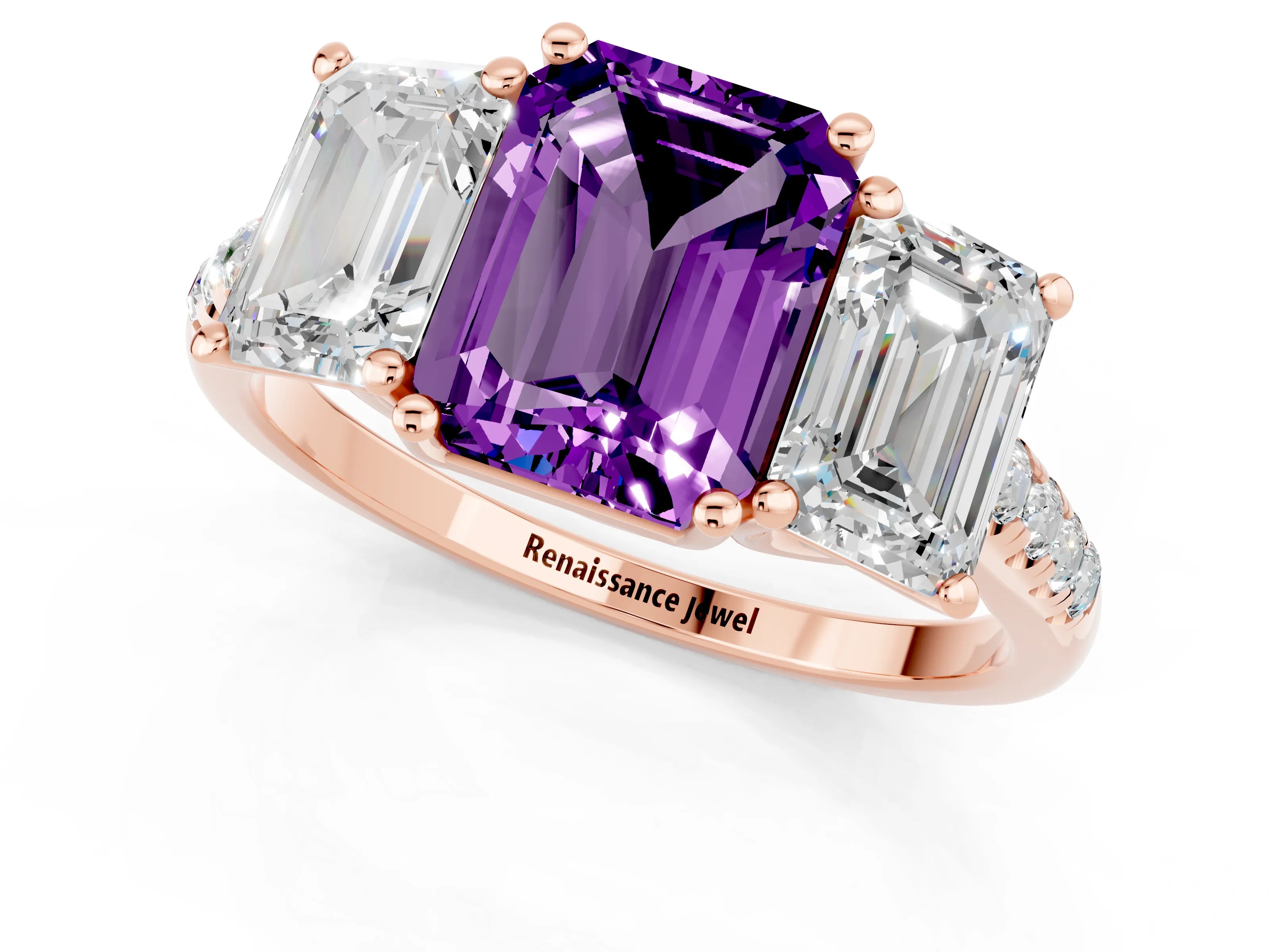 Rose gold Three-Stone Emerald Cut Amethyst Ring with Pavé Band and Prong Setting_13