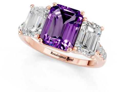 Rose gold Three-Stone Emerald Cut Amethyst Ring with Pavé Band and Prong Setting_13