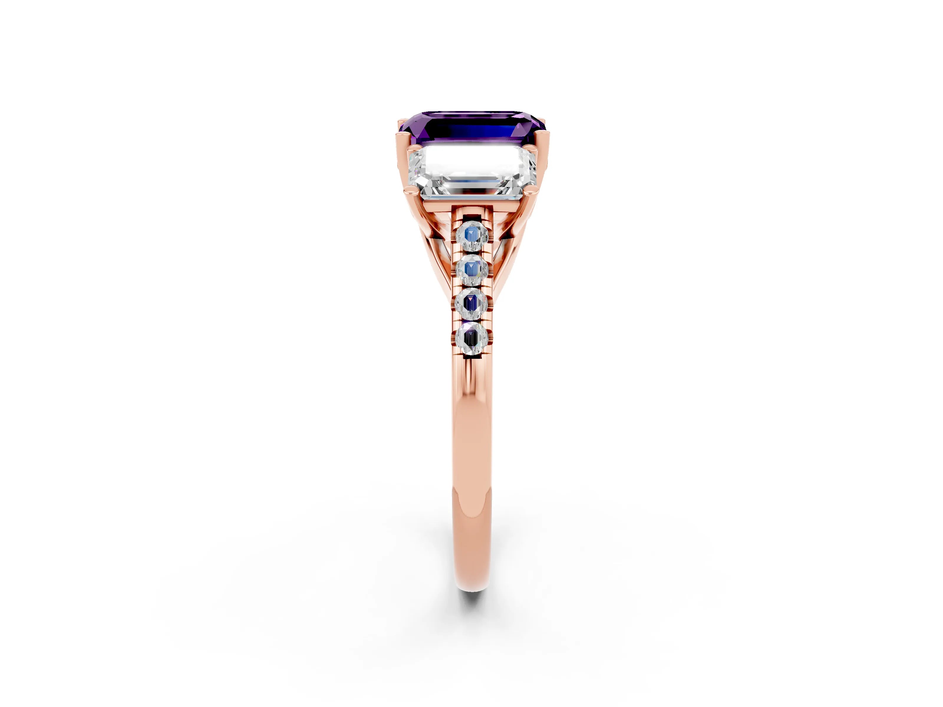 Rose gold Three-Stone Emerald Cut Amethyst Ring with Pavé Band and Prong Setting_14