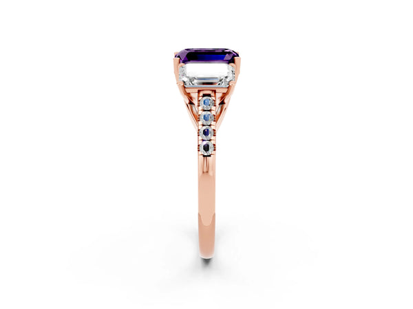 Rose gold Three-Stone Emerald Cut Amethyst Ring with Round  Pavé Band and Prong Setting
